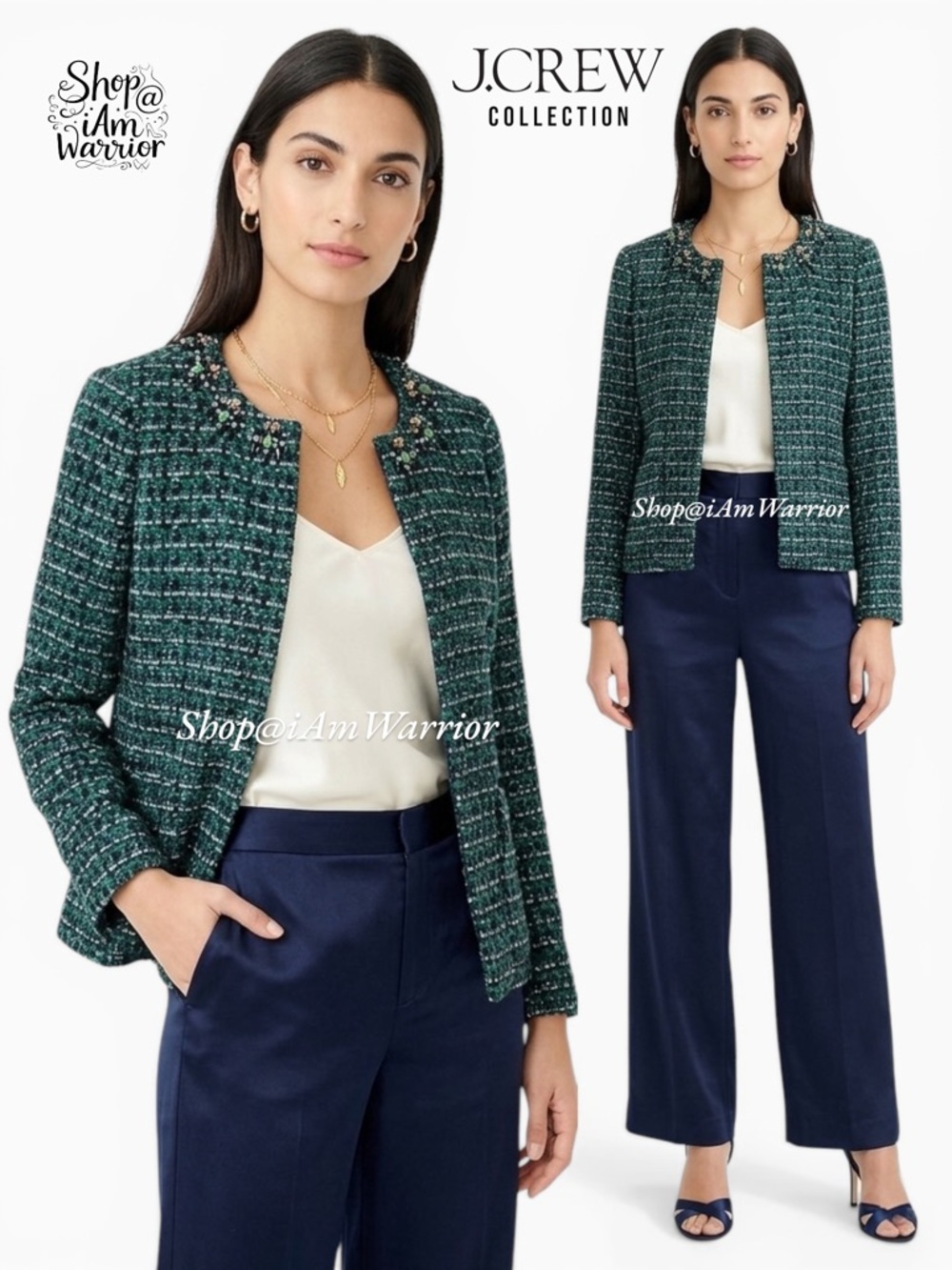 J.Crew Collection jeweled emerald + navy tweed blazer/jacket *shop@iamwarrior